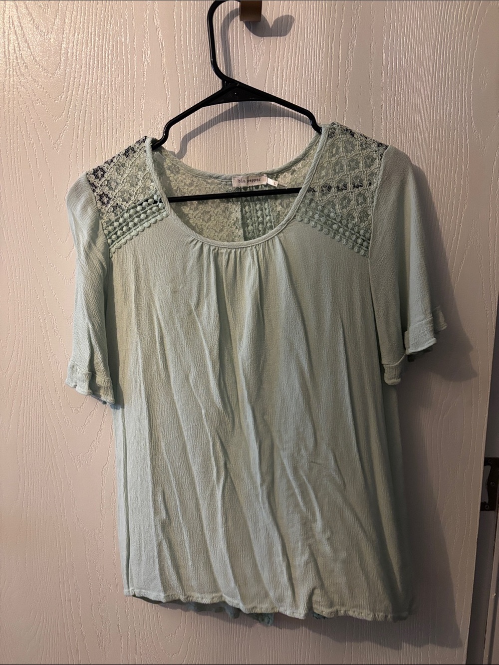 Blu Pepper Pale Mint Lace Yoke Short Sleeve Blouse